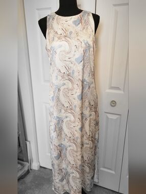 Joie Marble-Print Sleeveless Maxi Dress in Cream and Light Blue